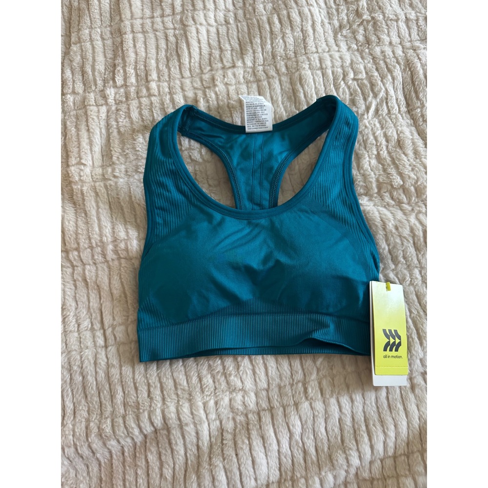All in Motion Women Dark Teal Blue Seamless Ribbed Medium Support Sports Bra XS